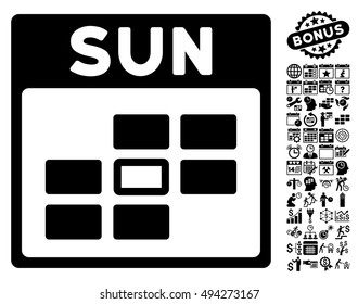 Sunday Calendar Page pictograph with bonus calendar and time management graphic icons. Vector illustration style is flat iconic symbols, black color, white background.
