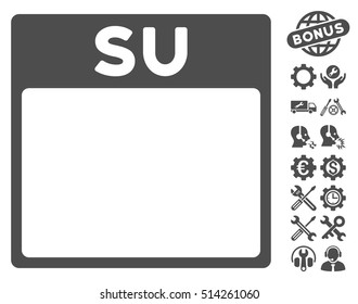 Sunday Calendar Page pictograph with bonus tools icon set. Vector illustration style is flat iconic symbols, gray, white background.