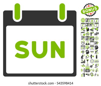 Sunday Calendar Page pictograph with bonus calendar and time management pictures. Vector illustration style is flat iconic symbols, eco green and gray, white background.