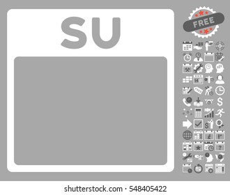 Sunday Calendar Page pictograph with bonus calendar and time management pictures. Vector illustration style is flat iconic symbols, dark gray and white, silver background.