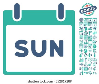 Sunday Calendar Page pictograph with bonus calendar and time management graphic icons. Vector illustration style is flat iconic symbols, cobalt and cyan, white background.