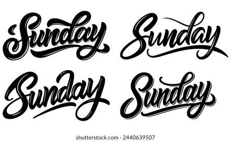 Sunday calligraphy inscription Collection set. Phrase for count of every Week. Ink black and white illustration. Modern brush calligraphy. Isolated on white background