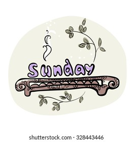 Sunday. Illustration with weekday name and tea board