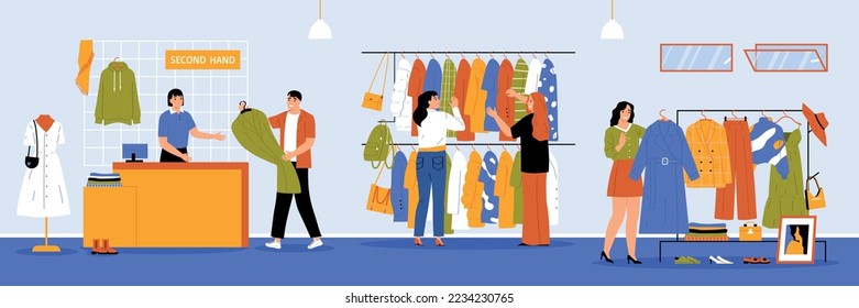 Sunday market interior horizontal background with visitors choosing second hand clothes flat vector illustration