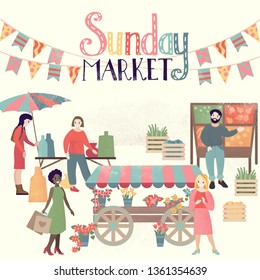 Sunday market lettring poster. Textured flat vector background. 