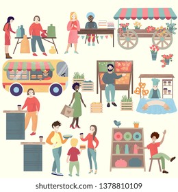 Sunday market poster. Textured flat design elements. Weekend outdoor festival characters and elements set. Pottery, backery, vegetable kiosks. Burger food truck. Sellers and buyers chatacters.