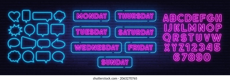 Sunday, Monday, Tuesday, Thursday, Wednesday, Friday, Saturday Neon Sign On Brick Wall Background.