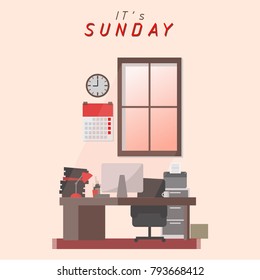 it's Sunday office interior room,flat design,light tone,cute cartoon vector illustration,design graphic,red theme