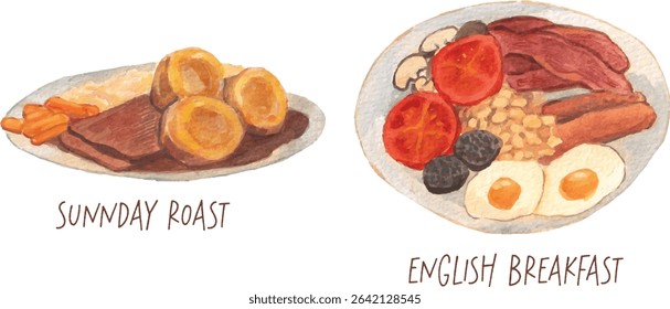  Sunday roast and English breakfast watercolor illustration. Famous food in England, Europe. Various ingredients: eggs, Yorkshire pudding, bacon, tomato, mushroom, black pudding, beans. Realistic.