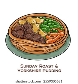 Sunday Roast is a quintessential British culinary tradition featuring roasted meat served with crispy Yorkshire Pudding