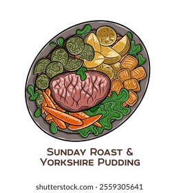 Sunday Roast is a quintessential British culinary tradition featuring roasted meat served with crispy Yorkshire Pudding