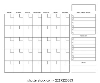 De domingo a sábado Blank Planner Página Calendario Mensual Plantilla para Tamaño de Carta