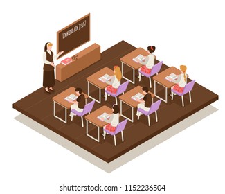 Sunday school isometric composition teacher near board and children at desks during religious lesson vector illustration