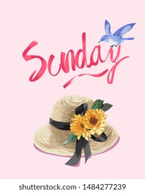 Sunday slogan with sunhat and blue bird illustration