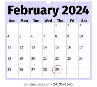 Sunday Start Monthly Calendar of February 2024, Leap Day 29th February Circled, Leap Year Concept