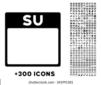 Sunday vector pictogram with additional 300 date and time management icons. Style is flat symbols, black color, rounded angles, white background.