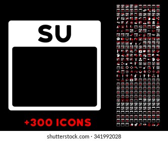 Sunday vector pictogram with additional 300 date and time management icons. Style is bicolor flat symbols, red and white colors, rounded angles, black background.