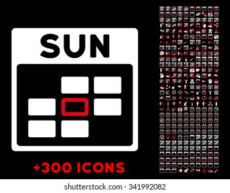 Sunday vector pictogram with additional 300 date and time management icons. Style is bicolor flat symbols, red and white colors, rounded angles, black background.