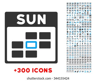 Sunday vector pictogram with additional 300 date and time management icons. Style is bicolor flat symbols, blue and gray colors, rounded angles, white background.