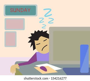 Sunday worker sleeping on working desk.