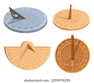 Sundial. Ancient dial solar clock, sundials watch with latin roman numbers for countdown time on sun shadow, astronomy clocks, age timer neat vector illustration of antique clock, ancient solar dial