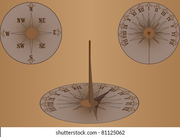 Sundial with arrow and parts of the world