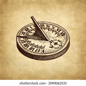 Sundial. Ink Sketch On Old Paper Background. Hand Drawn Vector Illustration. Vintage Style Stroke Drawing.