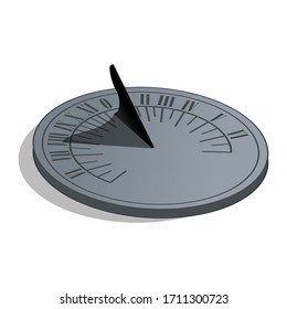 Sundial with a long shadow vector illustration on the white background, tracking the motion of the sun