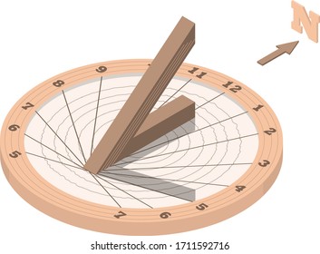 Sundial. The shadow on the watch shows 5 hours. Historical things. The direction of the north is indicated. Style is isometry. Vector isolated illustration.