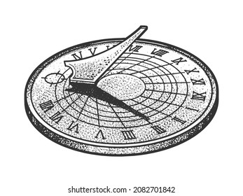 Sundial sketch engraving vector illustration. T-shirt apparel print design. Scratch board imitation. Black and white hand drawn image.