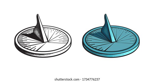 Sundial. Sun clock. Ancient appliance for time measurement. Black and white and color variants. Hand drawn vector illustration.
