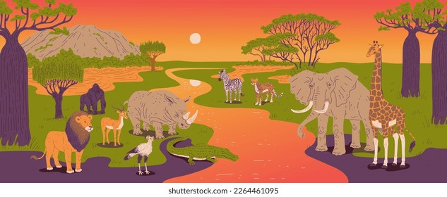 Sundown in African landscape with animals and plants of African savanna, flat vector illustration. African nature or national reserve banner background.