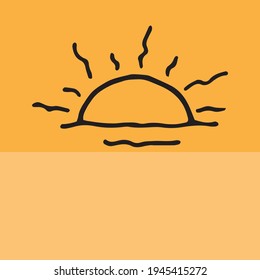 Sundown In The Beach Isolated On Orange. Beautiful Sunset Vector Illustration. Hand Drawn Vector. Sun Icon, Warm And Fresh. Doodle Art For Logo, Label, Wallpaper, Clipart, Poster, Banner, Advert. 