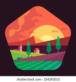 Sundown landscape. Flat vector illustration.
