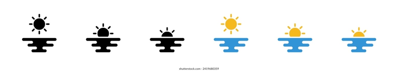 Conjunto de iconos de línea de desconexión. Sencillo símbolo de sol. Firme amanecer. Diseño de medio sol. Ilustración al atardecer en estilo plano vectorial