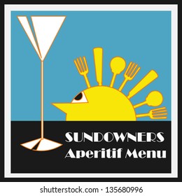 Sundowners Aperitifs, Vector background with a Deco style sun with cutlery rays and a cocktail glass