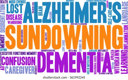 Sundowning word cloud on a white background. 