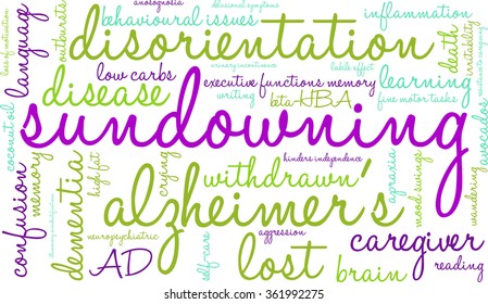Sundowning word cloud on a white background. 