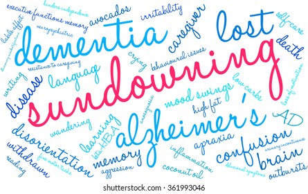 Sundowning word cloud on a white background. 