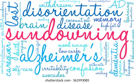 Sundowning word cloud on a white background. 