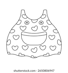 Sundress. Sketch. Cute dress with suspenders, a pocket and buttons, decorated with a pattern of hearts. Vector illustration. Outline on an isolated white background. Doodle style. Coloring book.