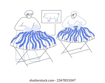 Sun-dried meat abstract concept vector illustration. Workers checking sun-dried pork, beef under warm temperatures, food processing industry, jerky meat products sector abstract metaphor.