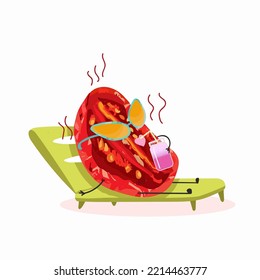 Sun-dried plum tomatoes half with seeds, dried tomato funny character, funny, lies on a sun lounger, sips a cocktail, ingredient, summer vibes.