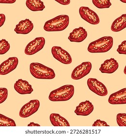 Sun-dried tomatoes seamless pattern. Flat vector clipart, illustration with isolated background.