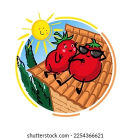 Sun-getrocknete Tomaten. Sonne, Zypressen und zwei lustige Tomaten sonnen sich auf einem Ziegeldach. Etikettendesign. Cartoon-Stil. 