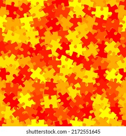 Sunfire red and orange chaos puzzle background, banner, texture. Vector jigsaw section template. Background with mixed puzzle pieces, mosaic, details, tiles, parts. Abstract jigsaw fabric print