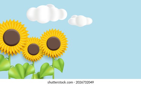Sunflower 3d illustration on blue background with clouds svg
