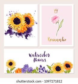 Sunflower and abstract garden flowers watercolor vector floral arrangements. Hand drawn graphic illustration for botanical greeting card design, summer banners, invitations.