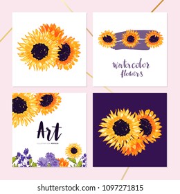 Sunflower and abstract garden flowers watercolor vector floral arrangements. Hand drawn graphic illustration for botanical greeting card design, summer banners, invitations.