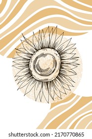 Abstrakte Illustrationen von Sonnenblumen für die Wanddekoration, Postkarte, Banner für soziale Medien, Hintergrund für die Gestaltung von Broschüren. Moderne abstrakte Malerei.